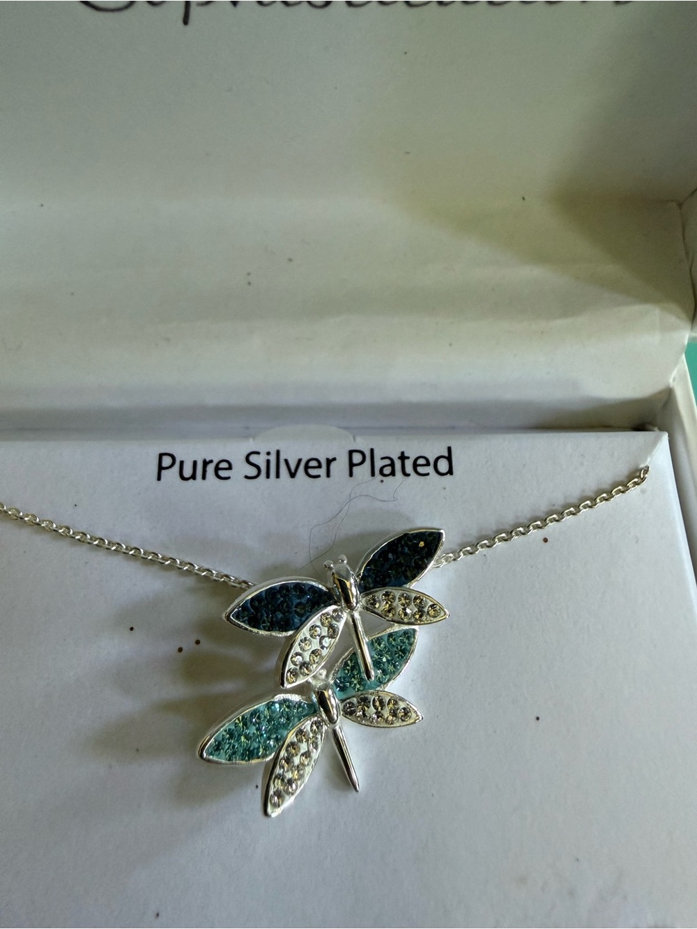 New Crystal Sophistication Green Blue Crystals Dragonfly Pendant Necklace - Picture 2 of 5